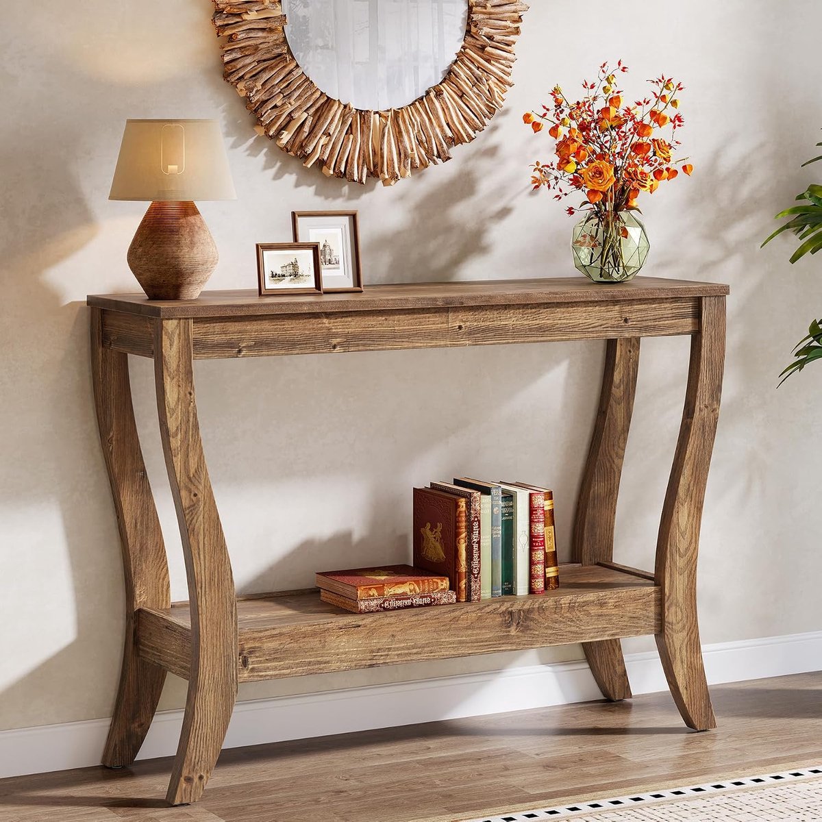 Houten consoletafel met opbergruimte, 105 cm, boerderij-haltafel met plank, 2-traps houten banktafel voor woonkamer, hal, entree, bruin
