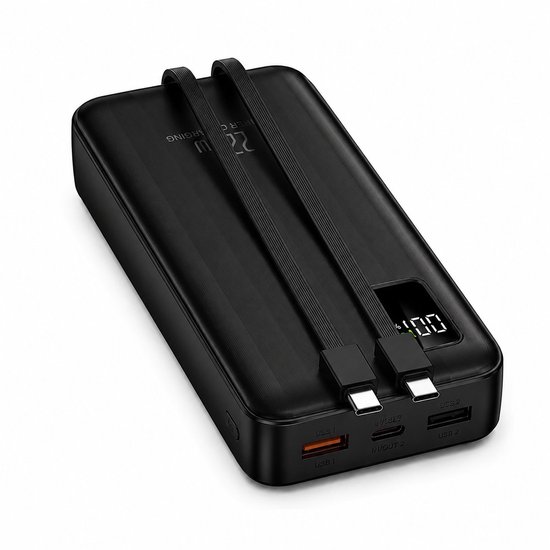 Zwarte powerbank met twee ingebouwde zwarte USB-C kabels. LED display toont '100%'. Poorten: USB 1, USB 2, IN/OUT 2.