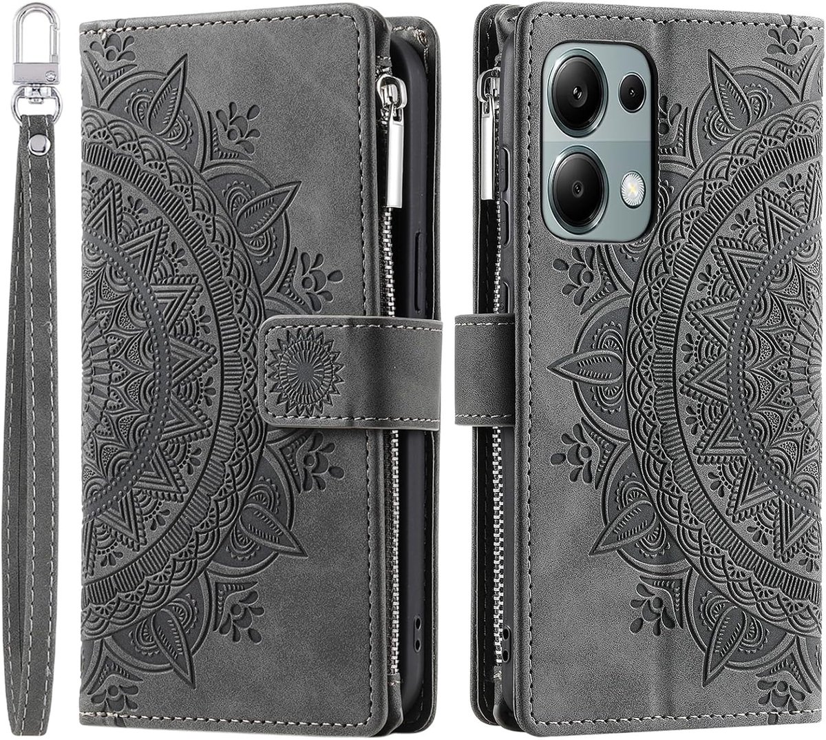 Hoes voor mobiele telefoon voor Xiaomi Redmi Note 13 Pro 5G, klapbare bloemen, telefoonhoes, beschermhoes, klaphoes met kaartenvak, mobiele telefoonhoes, flip, case, standaard, grijs