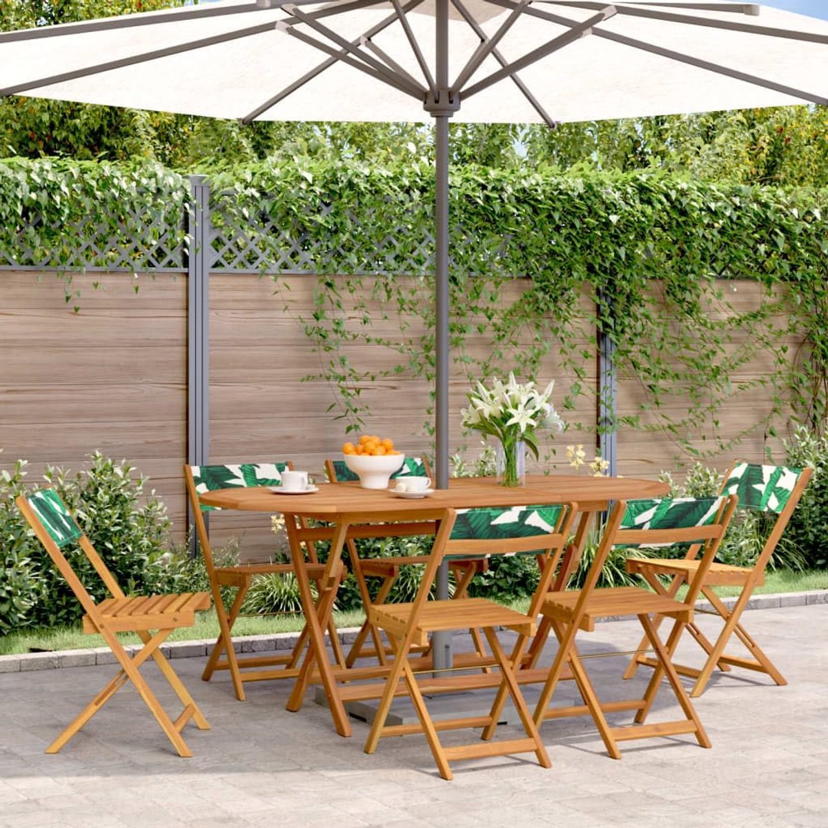 Tuinstoelen, 6 stuks, massief acaciahout en groene stof, klapstoelen met armleuningen, belastbaar tot 110 kg per zitting, ideaal voor terras, balkon en tuin