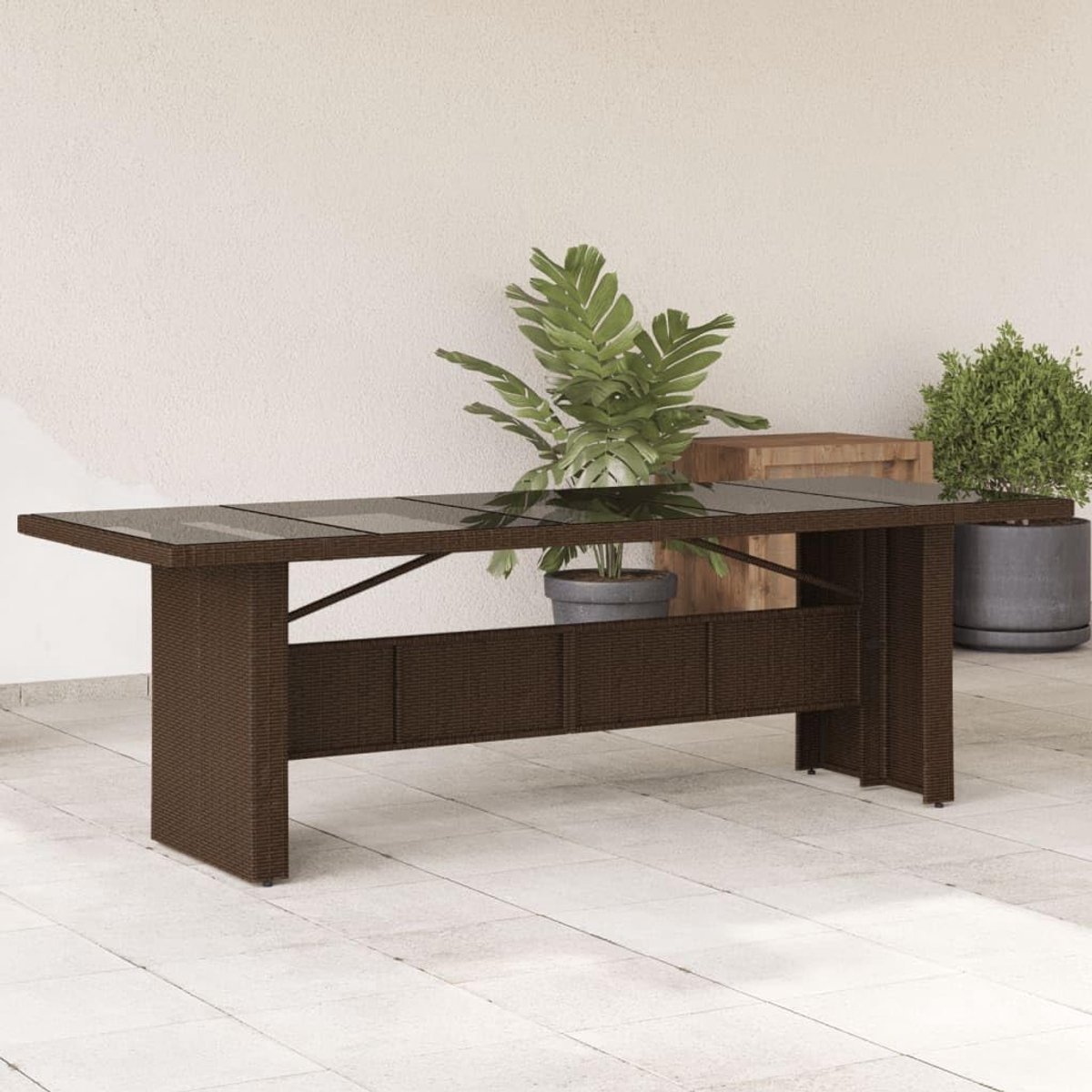 Tuintafel met glazen blad 240x90x75 cm poly rattan bruin buiten eettafel voor tuin terras patio duurzaam weerbestendig glazen tafelblad