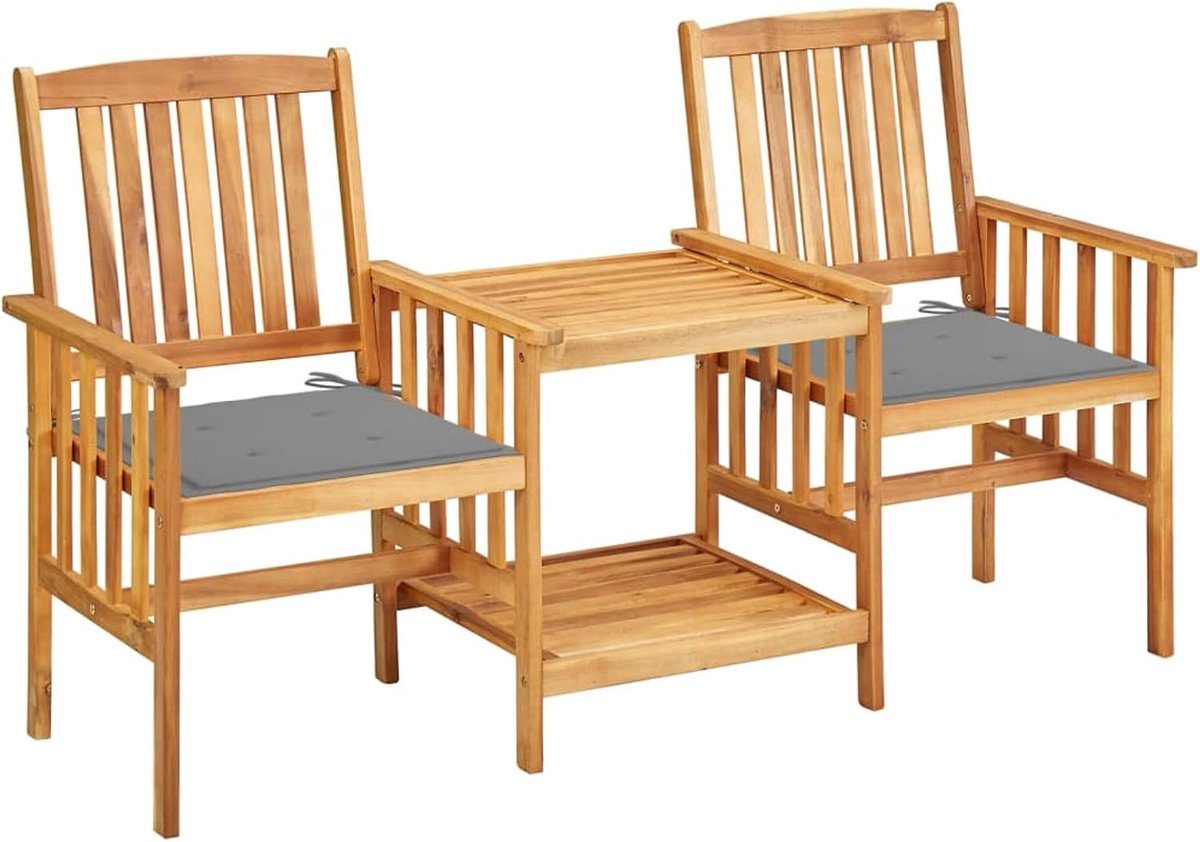 Tuinstoelen met kussen en bijzettafel, set van 2 tuinstoelen en bijzettafel, van massief acaciahout, grijs