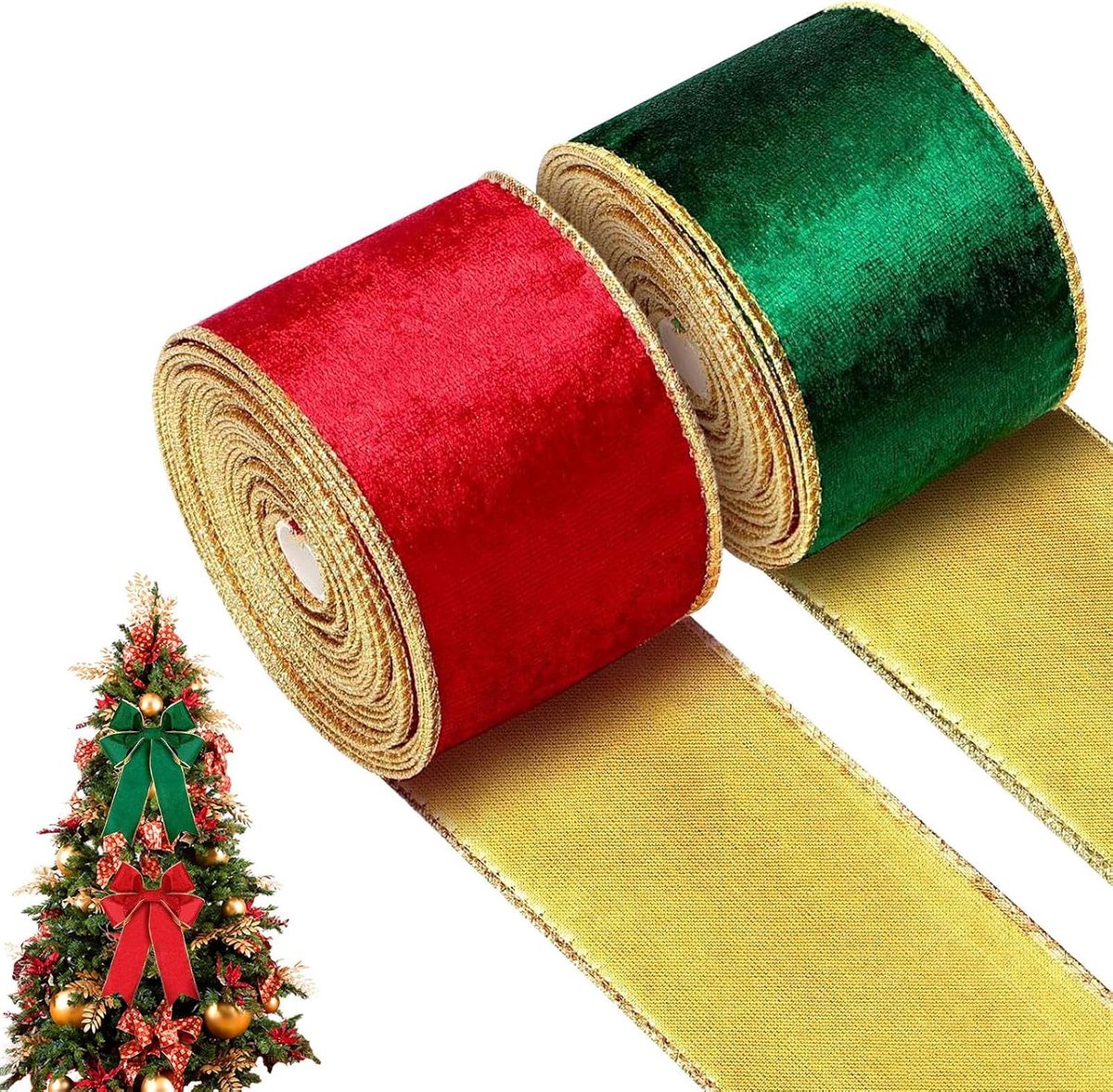 Kerstlint, set van satijnen linten, omkeerbaar, 2 rollen | feestcadeaus, decoratieve verpakkingslinten, goudkleurige versiering, 5 m, 6,3 cm