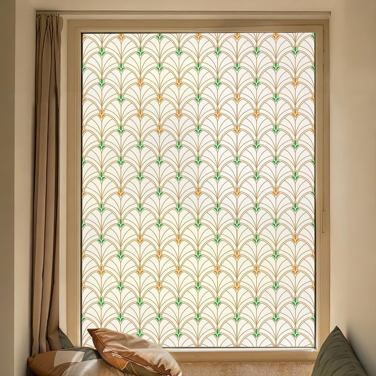 Dktie Raamfolie, privacyfolie, kleurrijke decoratieve raamfolie, waaiervormig patroon (01, 89 x 200 cm)