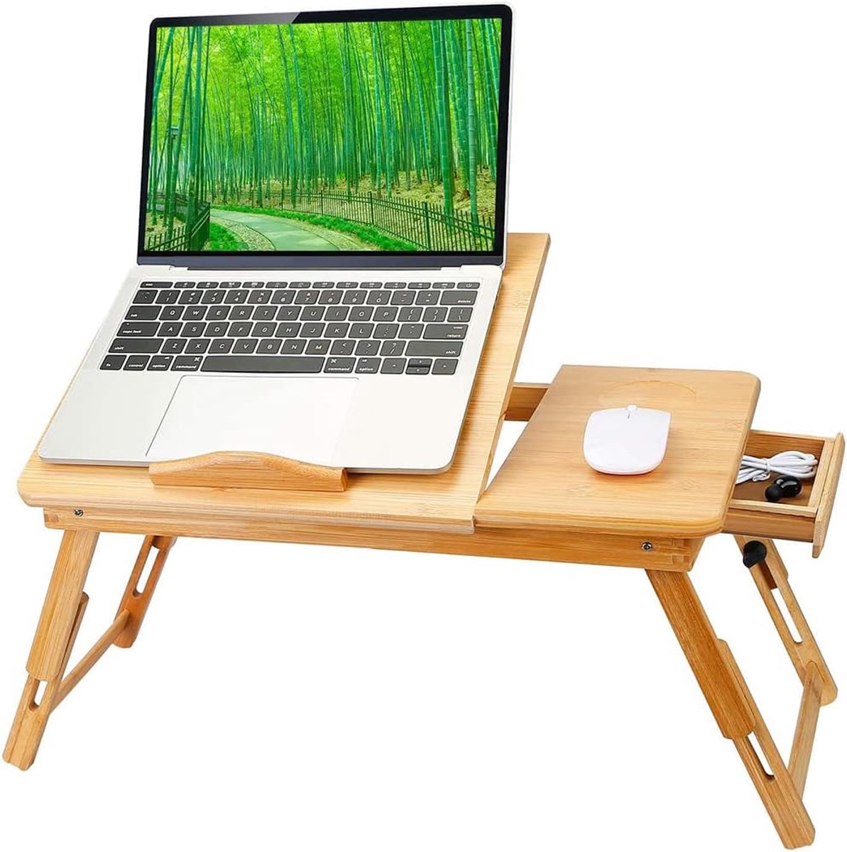 Bedtafel met poten in hoogte regulering – tablet voor laptop, groot dienblad voor ontbijt (66 x 30 x 35 cm, hout)