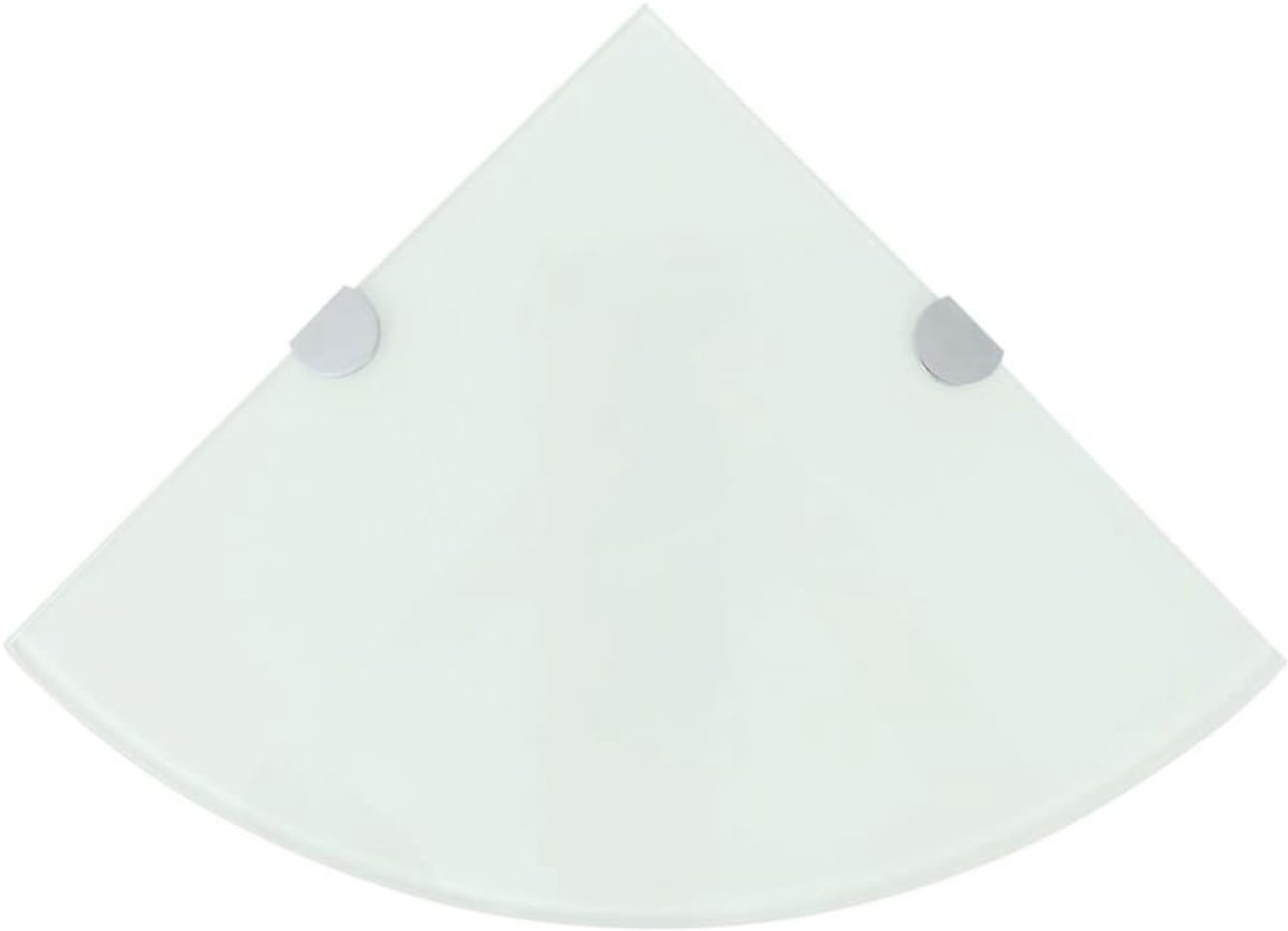 Hoekplank, hoekplank, badplank, glazen plank voor badkamer/slaapkamer/keuken, hangplank, ronde uiteinden, wandplank, boekenplank, plank, met verchroomde houders, glas, wit, 35 x 35 cm
