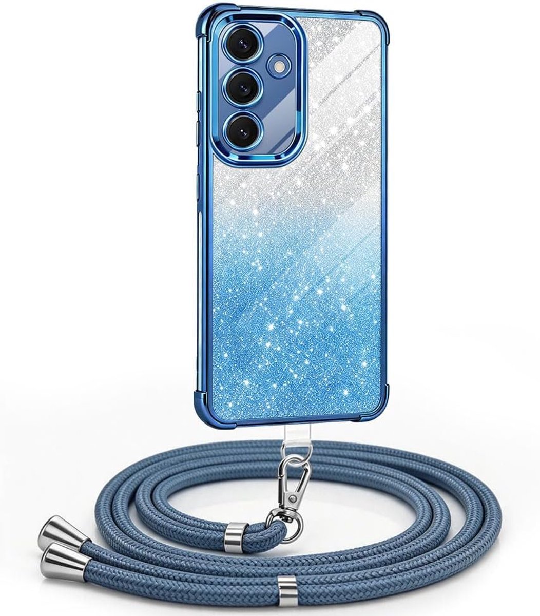 beschermhoes voor Samsung Galaxy S25, beschermhoes met trekkoord, schokbestendig, zacht TPU, ultradun, glanzend, pailletten, beschermhoes met verstelbare halsketting voor verstelbare