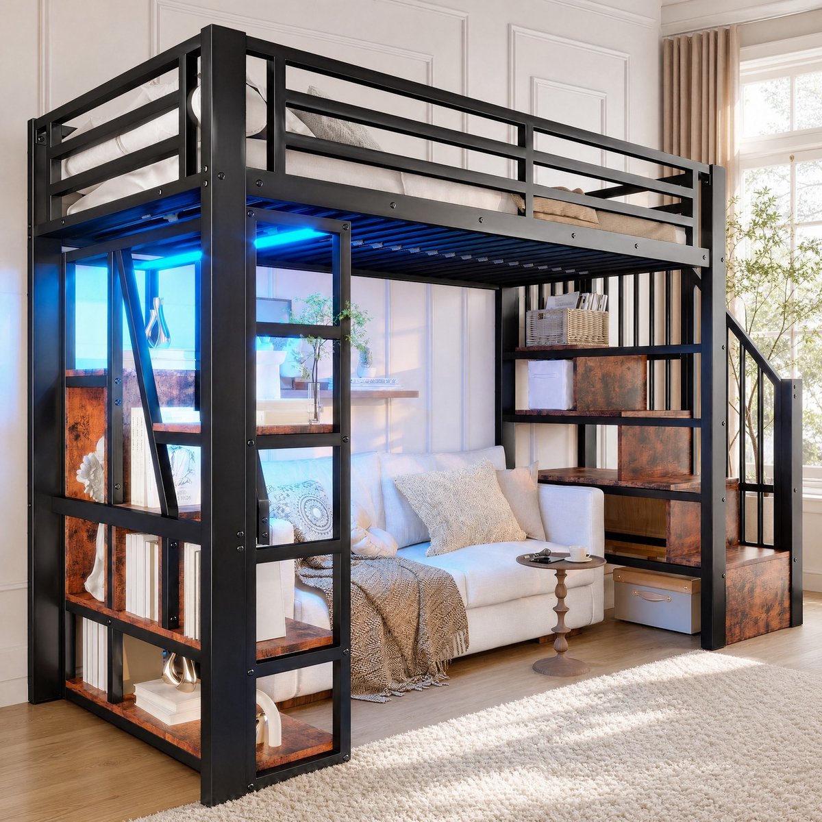 WUVRIE Hoogslaper 90x200 cm met trap, opbergruimte, veiligheidshek en ledverlichting, zwart