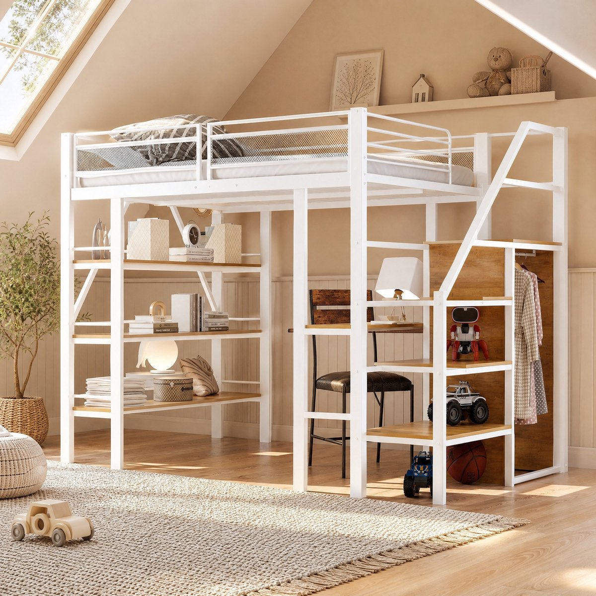 WUVRIE Hoogslaper 140x200 cm met bureau, kledingkast, opbergrekken en trap, wit