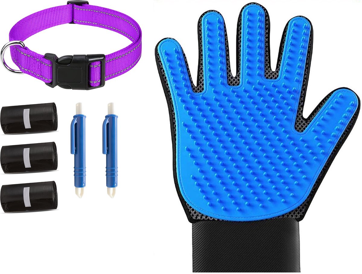 Professor Q Wandelset Hond - Halsband Paars S 30-40 cm - 45 Poepzakjes - 2 Blauwe Tekenpincetten - Vachthandschoen Blauw