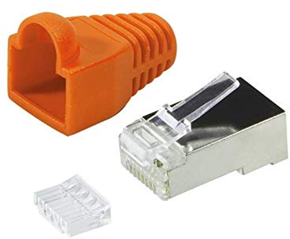 20 stuks RJ45-netwerkstekker, krimpstekker, CAT 6, STP, met invoerhulp en knikbescherming, in oranje, afgeschermde connector, krimpstekker, LAN-patchkabel, netwerkkabel, CAT6, cat.7, RJ 45