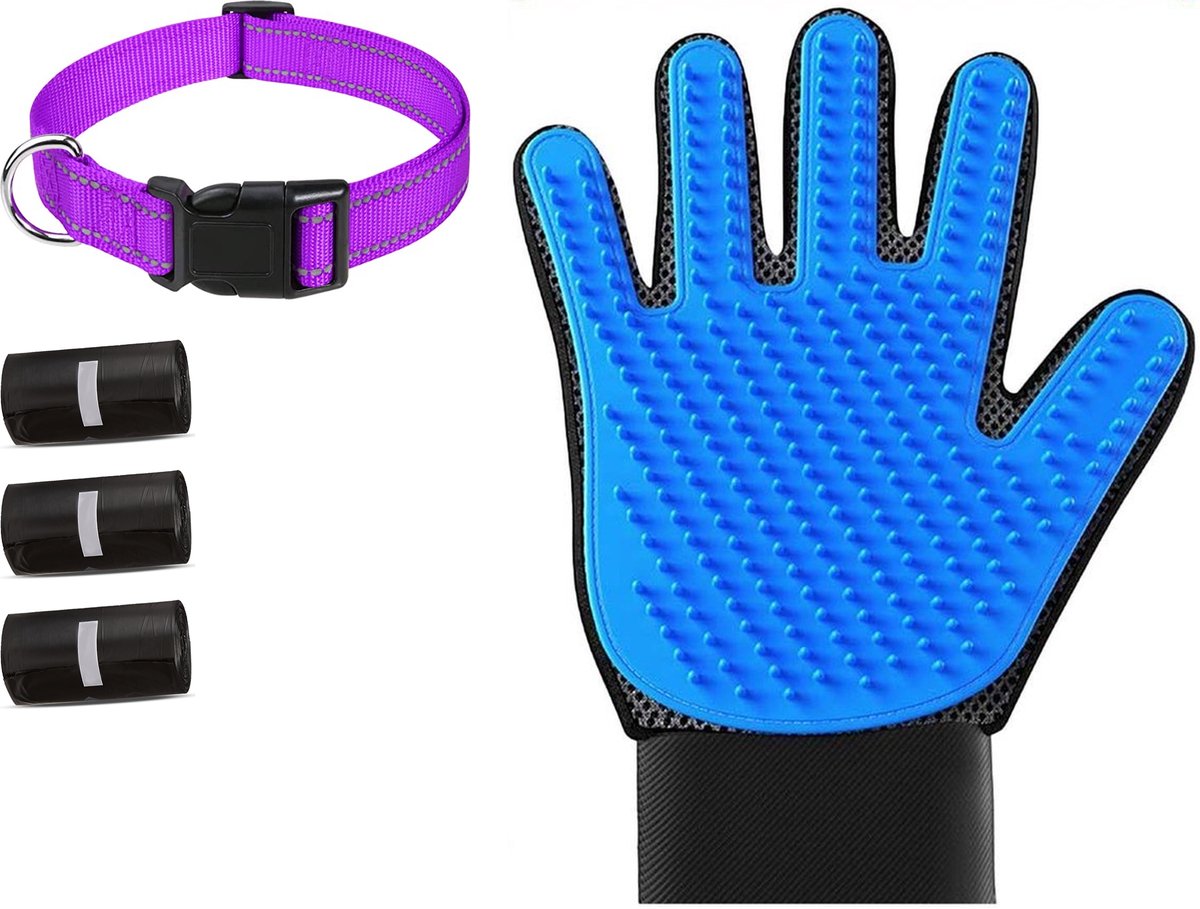 Professor Q Wandelset Hond - Halsband Paars S 30-40 cm - 45 Poepzakjes - Vachthandschoen Blauw