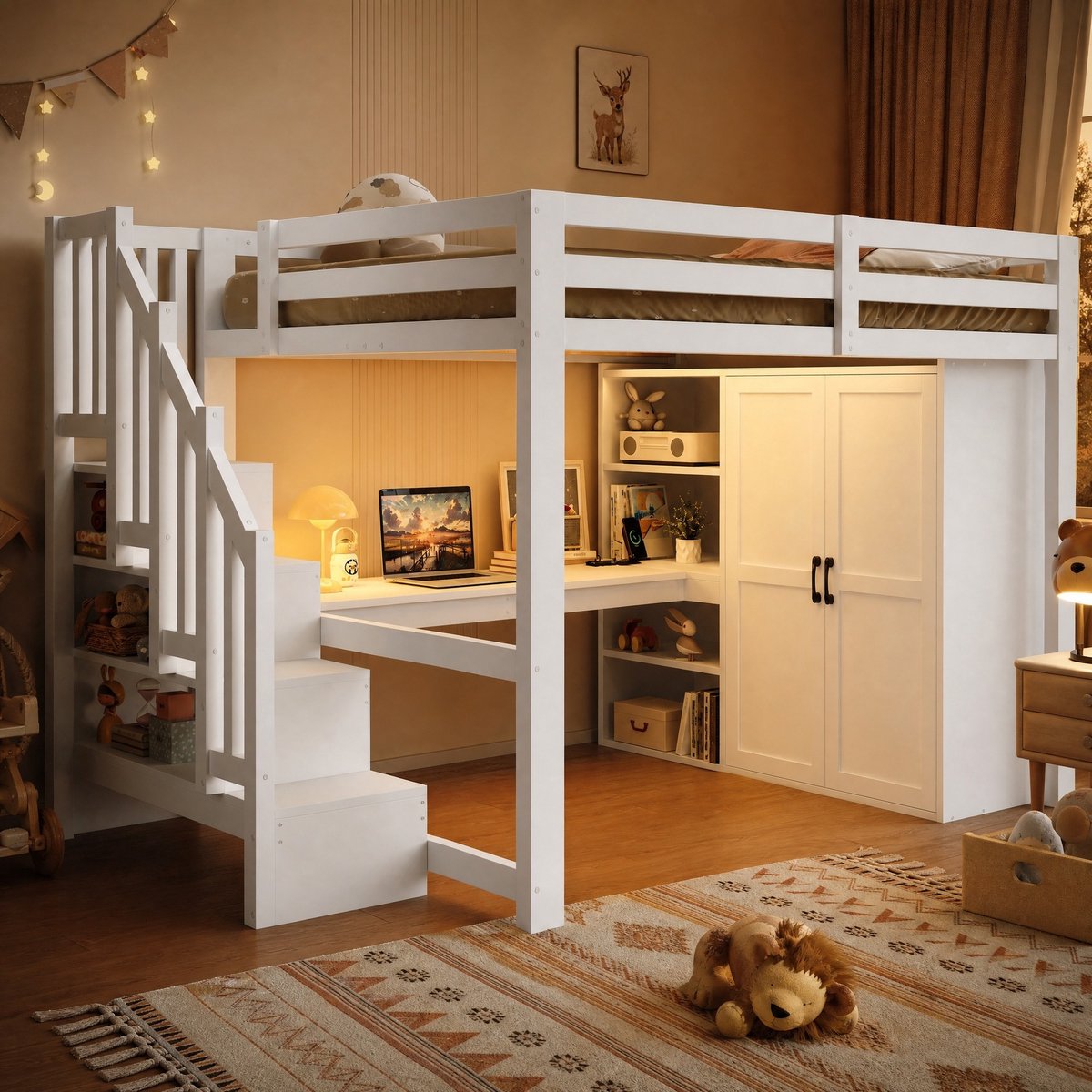 WUVRIE Hoogslaper 140x200 cm met bureau, kledingkast, opbergrek, opbergtrap, USB en LED-verlichting, wit