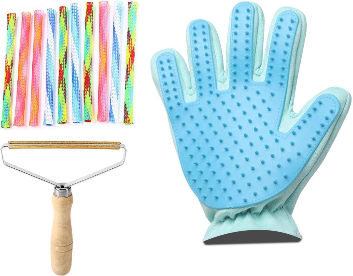 Professor Q Kattenset - Handschoen Lichtblauw - 10 Boinks Kattenspeeltjes - Pluizenverwijderaar