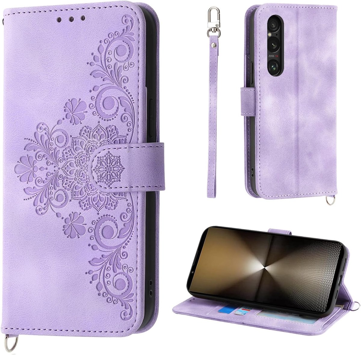 Hoes voor Sony Xperia 1 VI 5G 6.5", 5 Kaartsleuven Case voor Xperia 1 VI 5G Vintage Stijl PU Bloem Lederen Beschermhoes, Paars