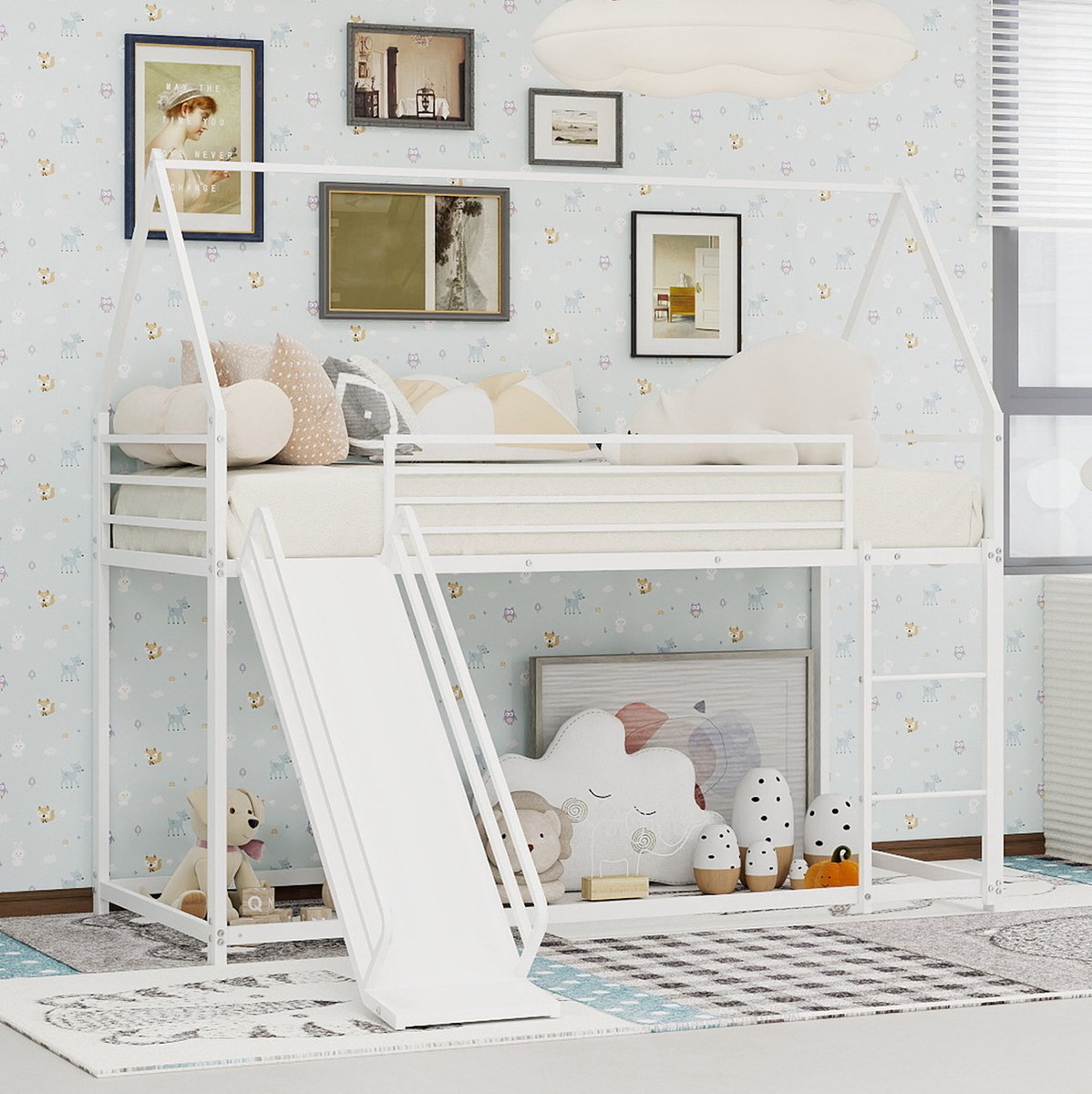 WUVRIE Kinderstapelbed 90x190 cm in huisvorm met glijbaan, trap en veiligheidshekken, wit