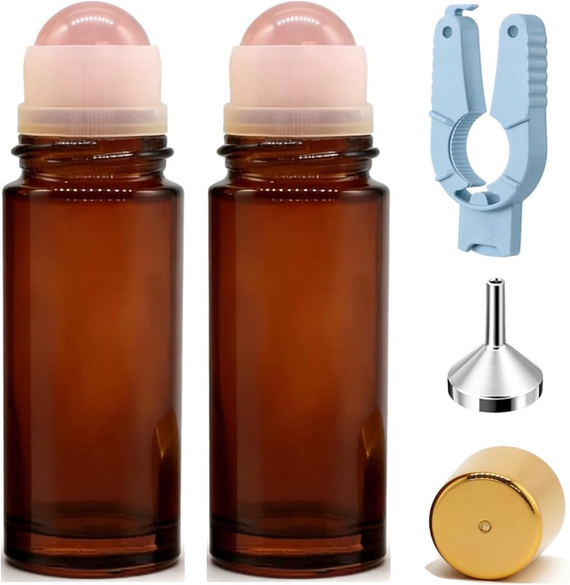 2x 50ml Lege Roll-On Flesjes Bruin Glas met Rozenkwarts – Navulbare Fles voor Essentiële Oliën, DIY Gezichtsverzorging – Incl. Flesopener