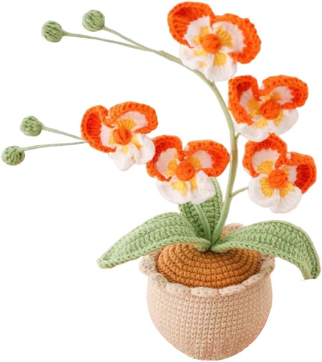 Gehaakte phalaenopsis orchidee potplanten, gebreide kunstmatige orchidee phalaenopsis bloemen met prachtige pot voor Kerstmis, verjaardag, afstudeercadeaus voor vrouwen, oranje