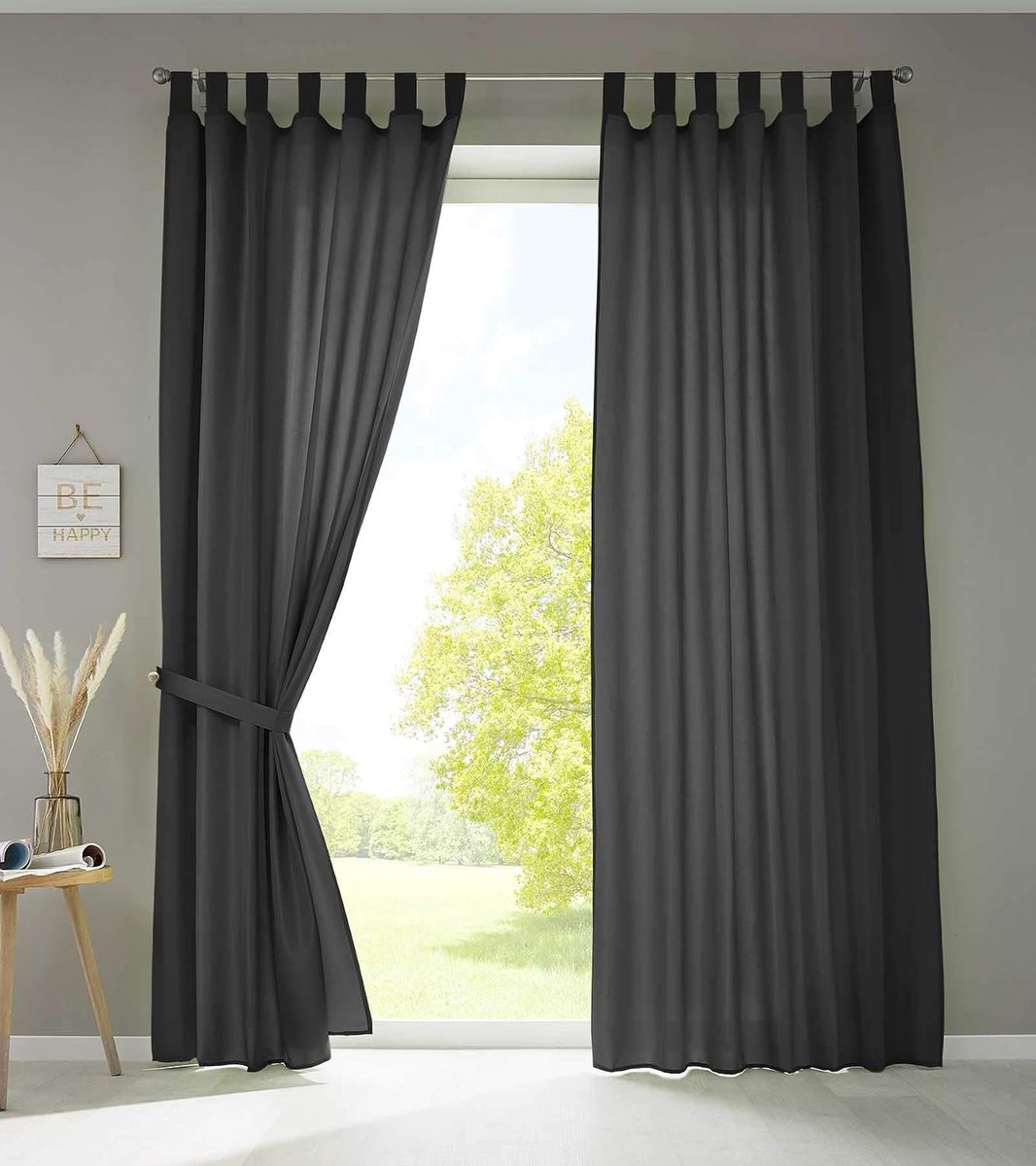 2-delige set gordijnen sjaal lussen »Berlin« HxB 225x140 cm zwart ondoorzichtig microsatijn lichtdoorlatend plooiband effen mat, 20400N2