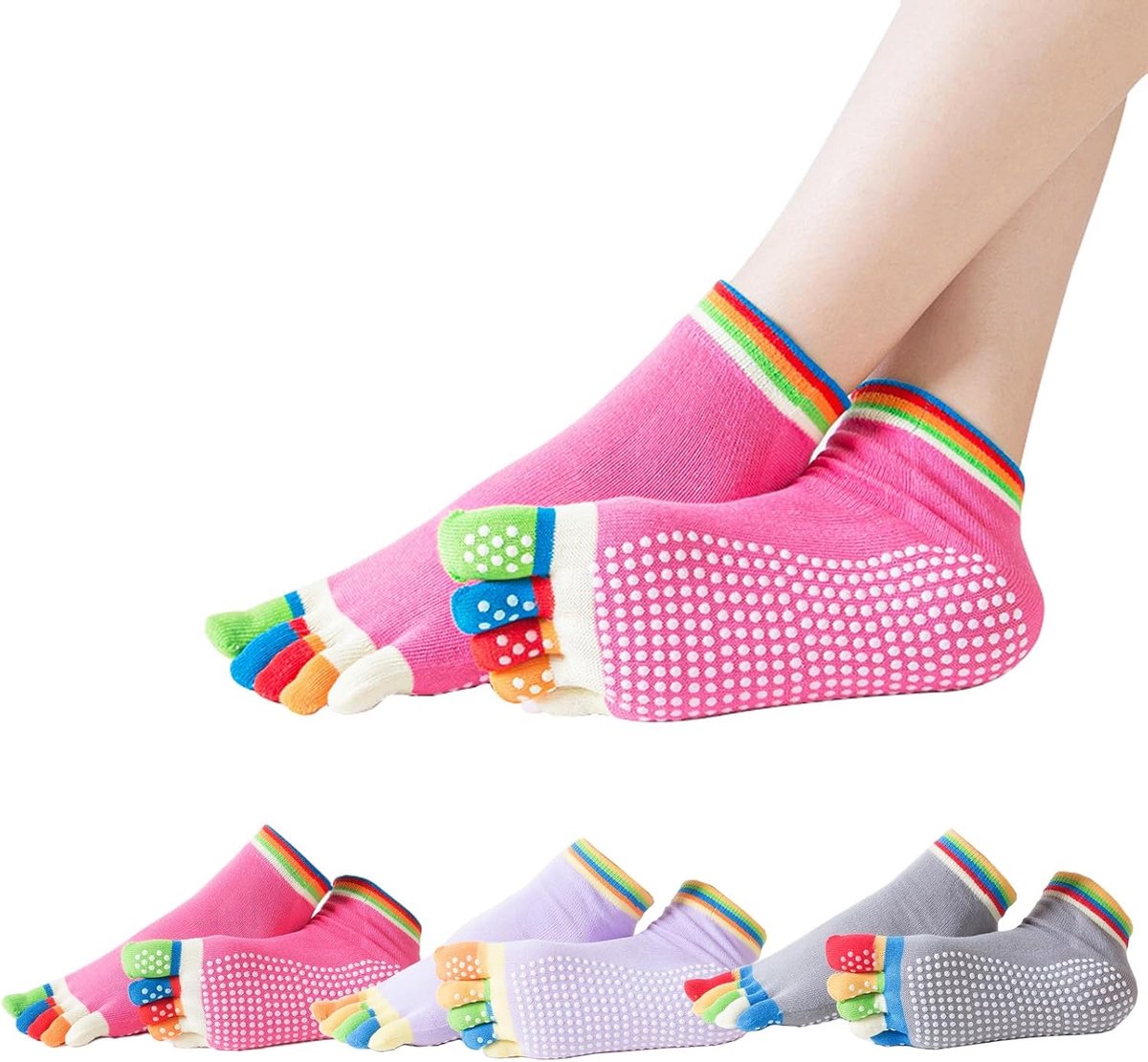 Sokken voor dames, met aparte tenen, kleurrijke campingsokken voor camping, yoga en dagelijkse kleding, ideaal (3 kleuren, 3 paar), 1 roze + 1 lichtgrijs + 1 lichtpaars