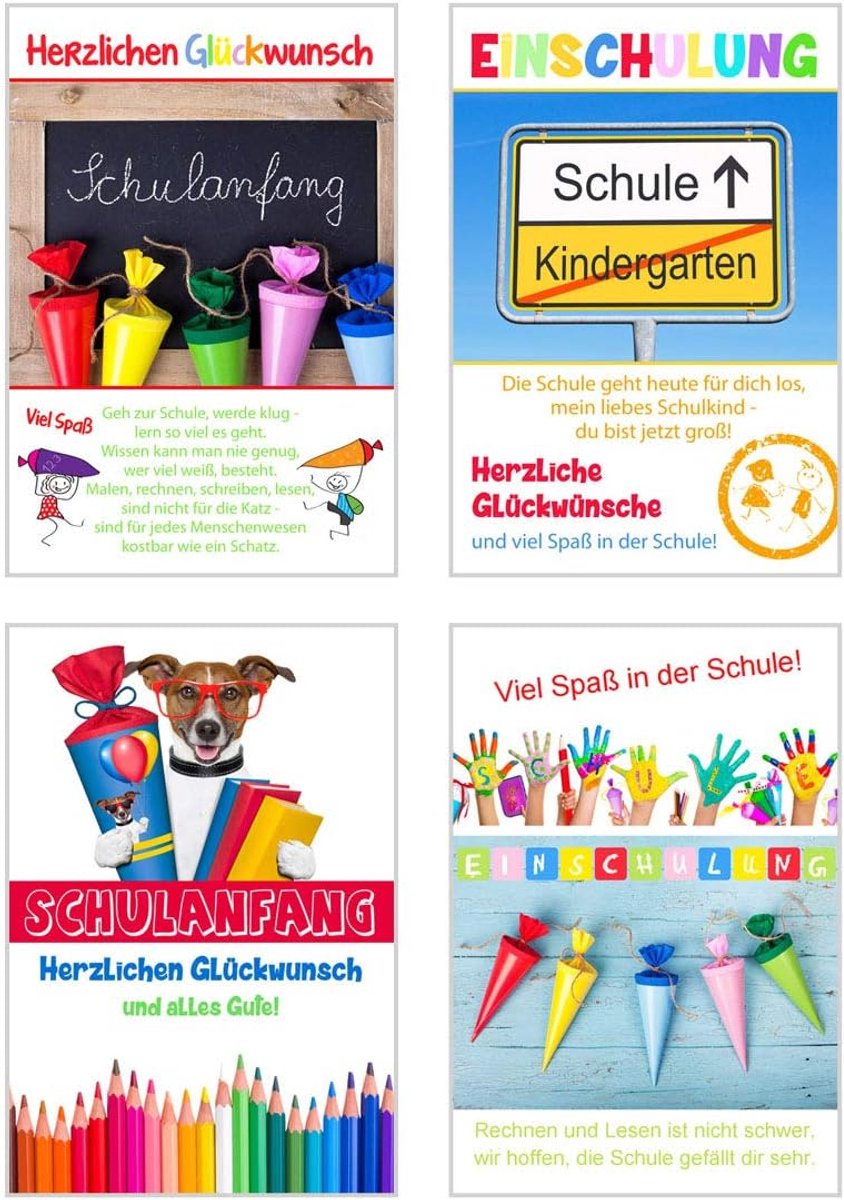 Set van 4 exclusieve kaarten voor de eerste schooldag met envelop. Wenskaart wenskaart eerste schoolkaart dubbele kaart 8 Karten Foto.