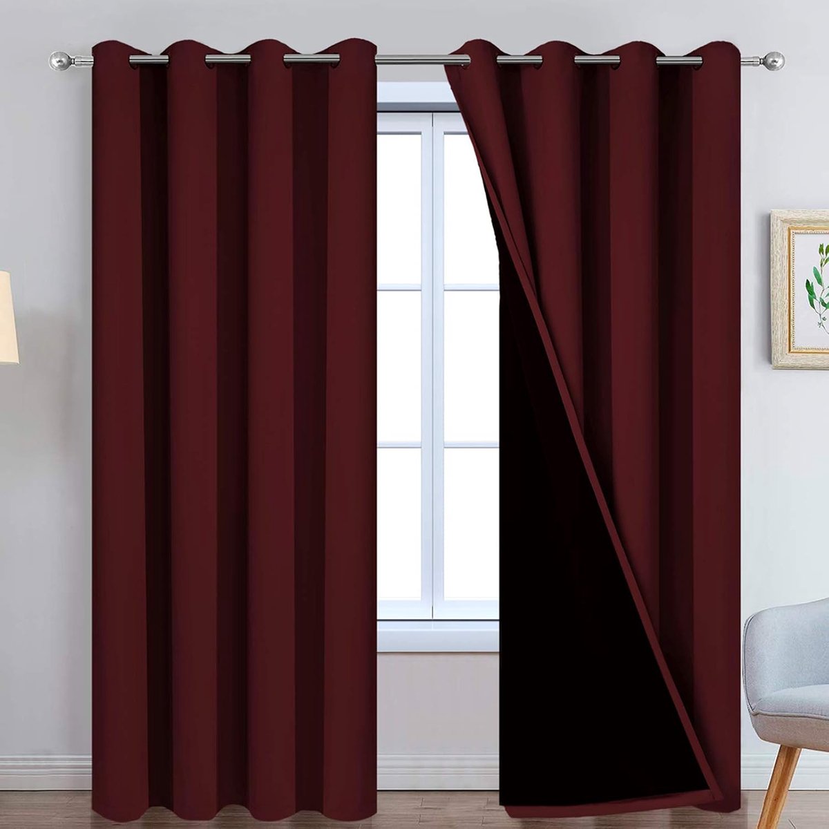 Volledig verduisterende gordijnen 2 dikke lagen thermisch geïsoleerde gordijnen voor slaapkamer, kamerverduisterende panelen voor woonkamer (52 B x 96 l, bordeauxrood, 2 panelen)