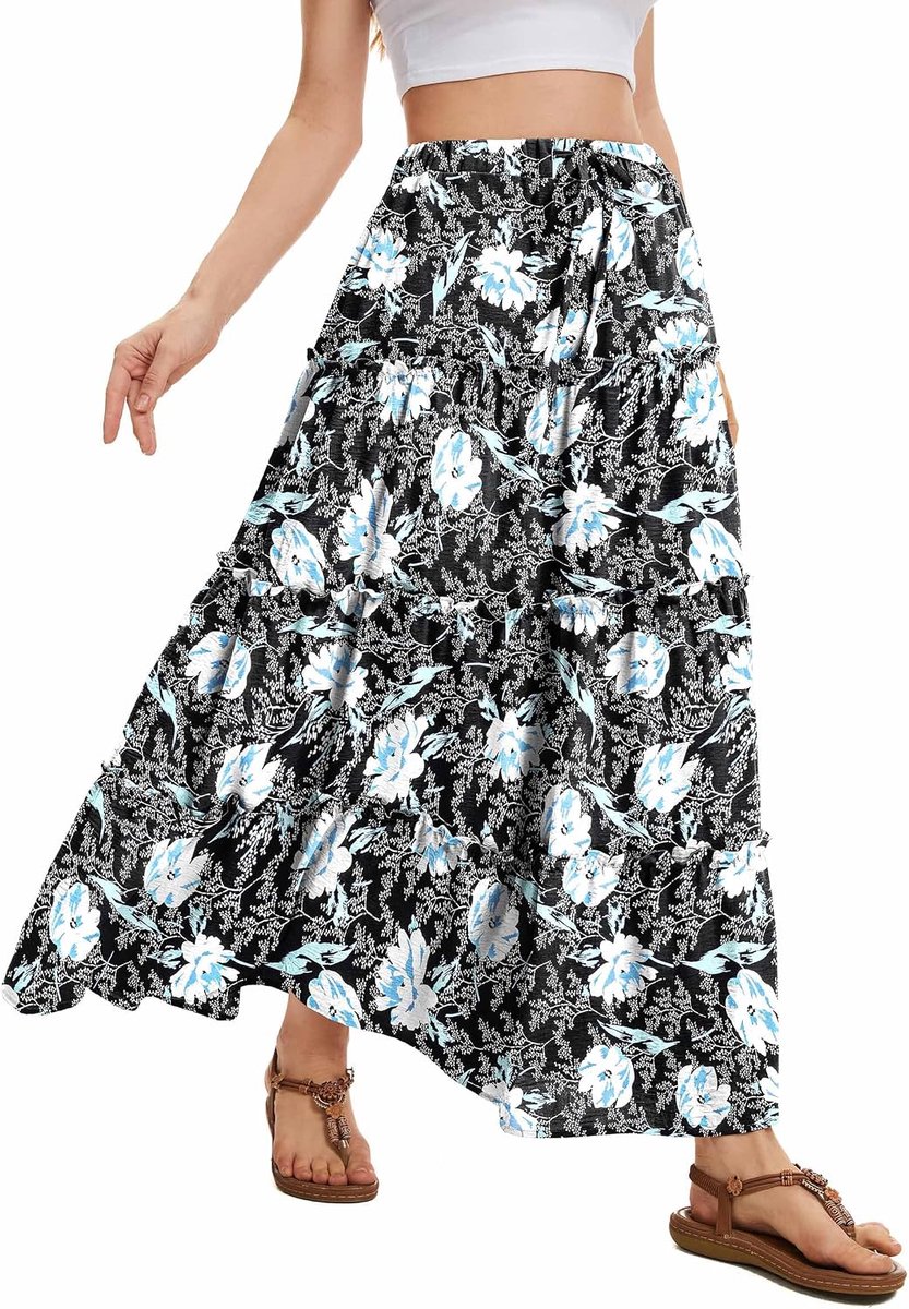 Maxi Rok voor Dames Elastische Hoge Taille met Trekkoord Zomerse Gelaagde Lange Rok met 2 Zakken Voor Dagelijks Gebruik Vakantie & Casual Draag
