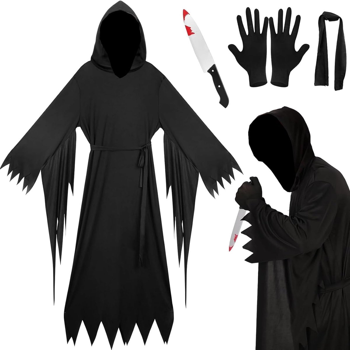 Halloweenkostuum voor heren, griezelig scream kostuumset, eng filmpostuum met bloedig Screammasker en mes, horror, geest-gezichtskostuum voor volwassenen, Halloween, voor feest, carnaval, cosplay