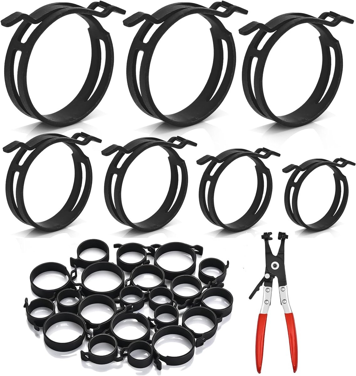 171 stuks 6-25 mm veerband slangklemmen met draaibare platte slangklem tang assortiment kit, brandstofleiding siliconen vacuümslang stalen klem, lage druk luchtclipklem (345 stuks - 15 maten-zwart)