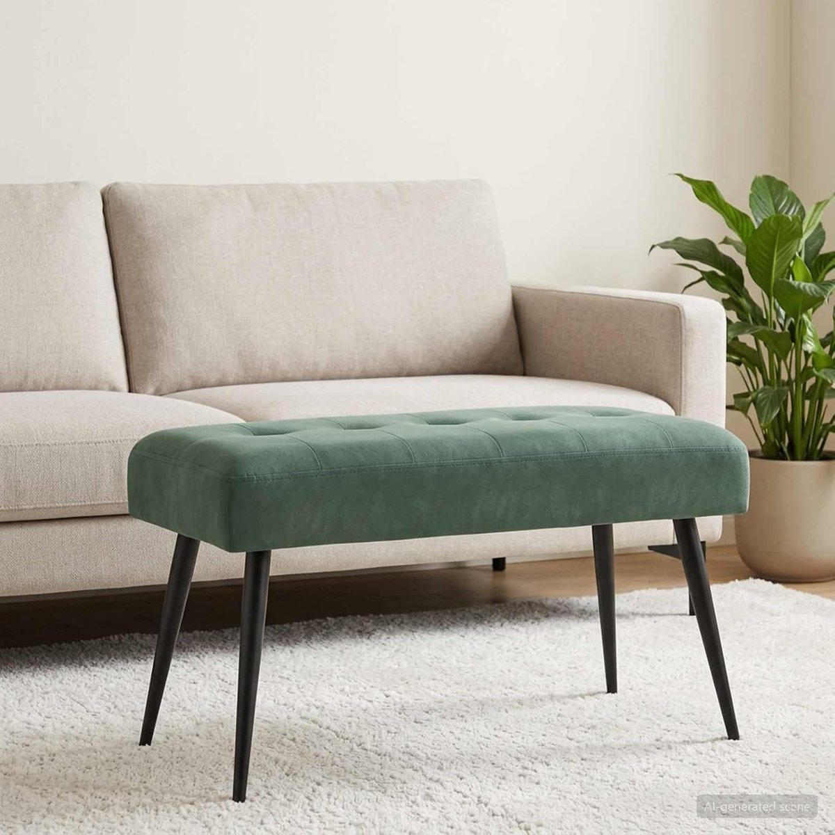Bank met knoopsluiting in zeegroen, 80 x 40 x 46 cm, elegante fluwelen zitbank voor slaapkamer en hal, gestoffeerde kruk met modern design