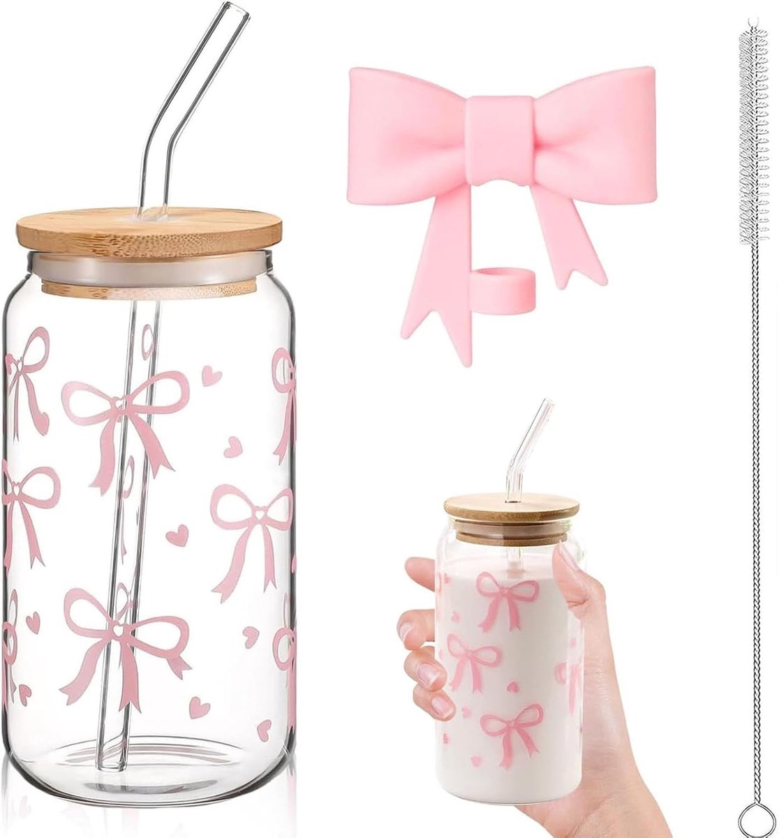 Drinkglas met deksels en rietjes, glazen drinkbeker met stofdicht rietdeksel en reinigingsborstel, roze lus, glazen beker, veelzijdig drinkglas voor koffie, smoothie, cocktailthee