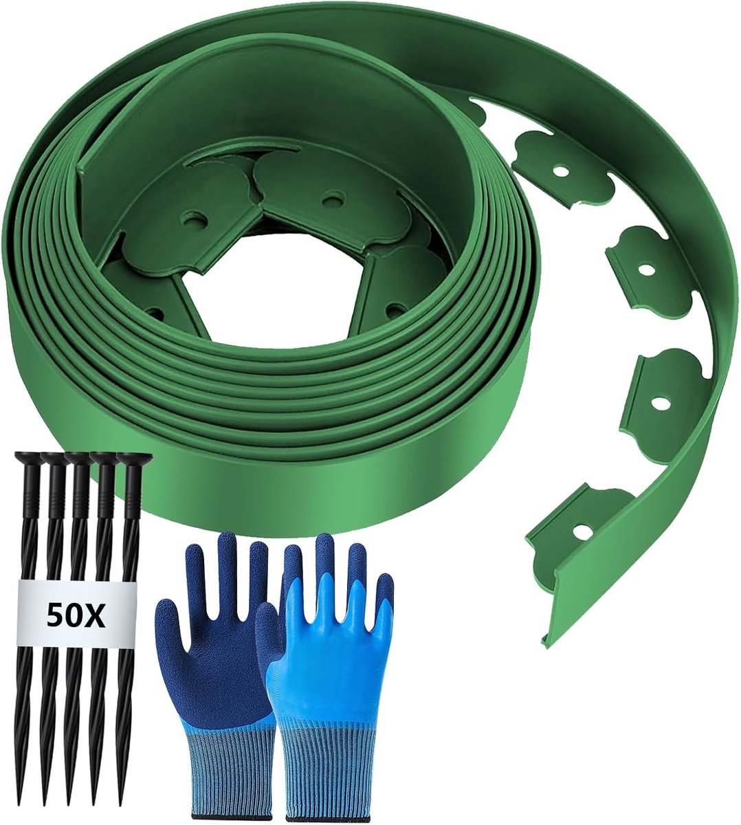 Gazonrand van kunststof lengte 10m hoogte 5cm, met 50 grondankers + 1 paar handschoenen, groen