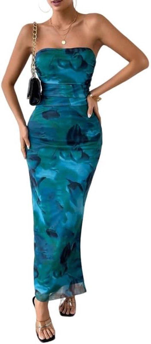Buisjurk voor dames, sexy, strak, maxi-jurk, elegante bloemenprint, mesh-zomerjurk, mouwloos, lange jurk, figuurbenadrukkende partyjurk, kokerjurk, etui-jurk, cocktailjurk, bruiloftsgast