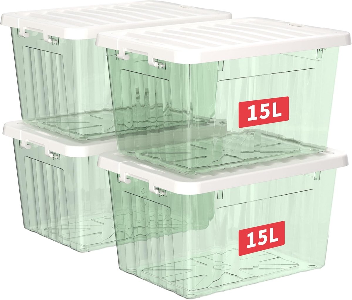 15L x 4 opbergdozen met deksels, plastic opbergdoos met veilige zijvergrendelingen, PP nestbare en stapelbare doorzichtige organizer voor thuis, kantoor, verhuizen, transparant groen, 15L-4