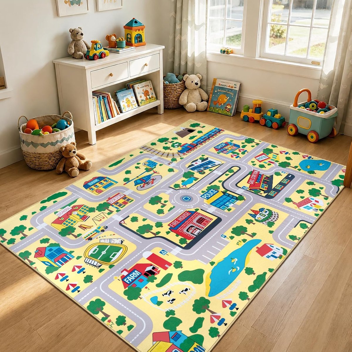 Kindertapijt, educatief speelkleed, 6,6 x 5 cm, verkeersweg voor kinderen, speelautomat, grote educatieve speelruimte, tapijt voor speelkamer, woonkamer, kinderkamer, decoratie, bruin