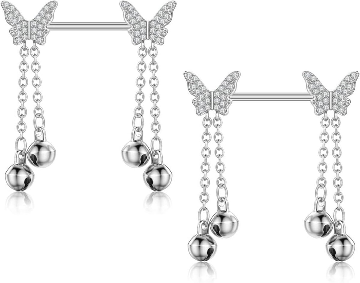 14 mm, roestvrij staal, 14G, zilvergoud, tepelringen, hart, vlinder, CZ tepelpiercing, sieraden