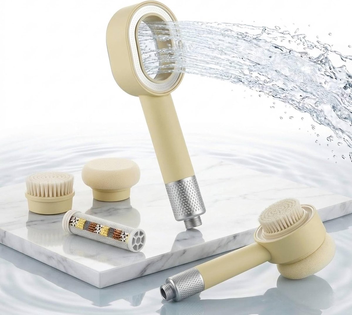 Douchekop met filter, 3-in-1 handdouche met reinigingsborstel/spons, massage, hoge druk, waterbesparende douchekopset voor hard water (beige)