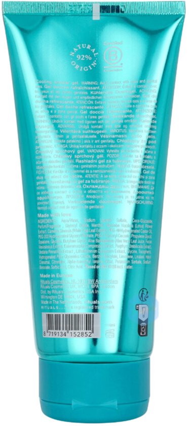 Turquoise douchegel tube met witte tekst, 92% natuurlijk oorsprong, made in EU, RITUALS.