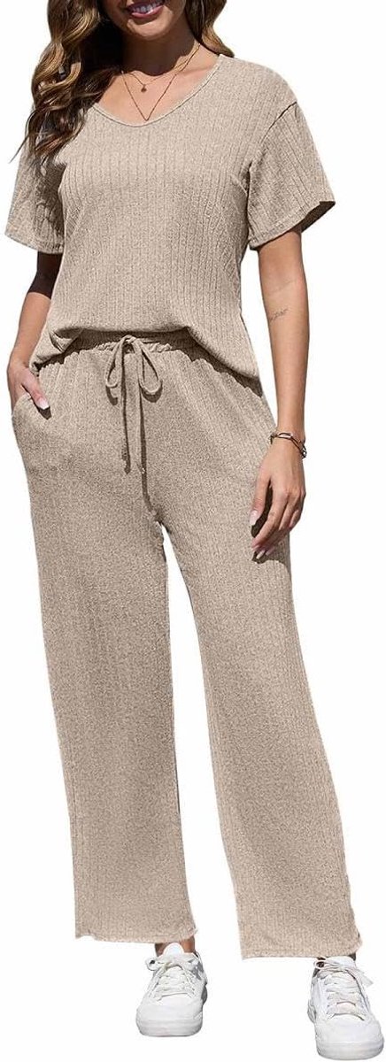 Loungewear sets voor vrouwen geribbeld gebreide pyjama set 2-delige outfits dames loungewear V-hals split zoom korte mouw tops wijde pijpen broek met zakken trainingspakken nachtkleding