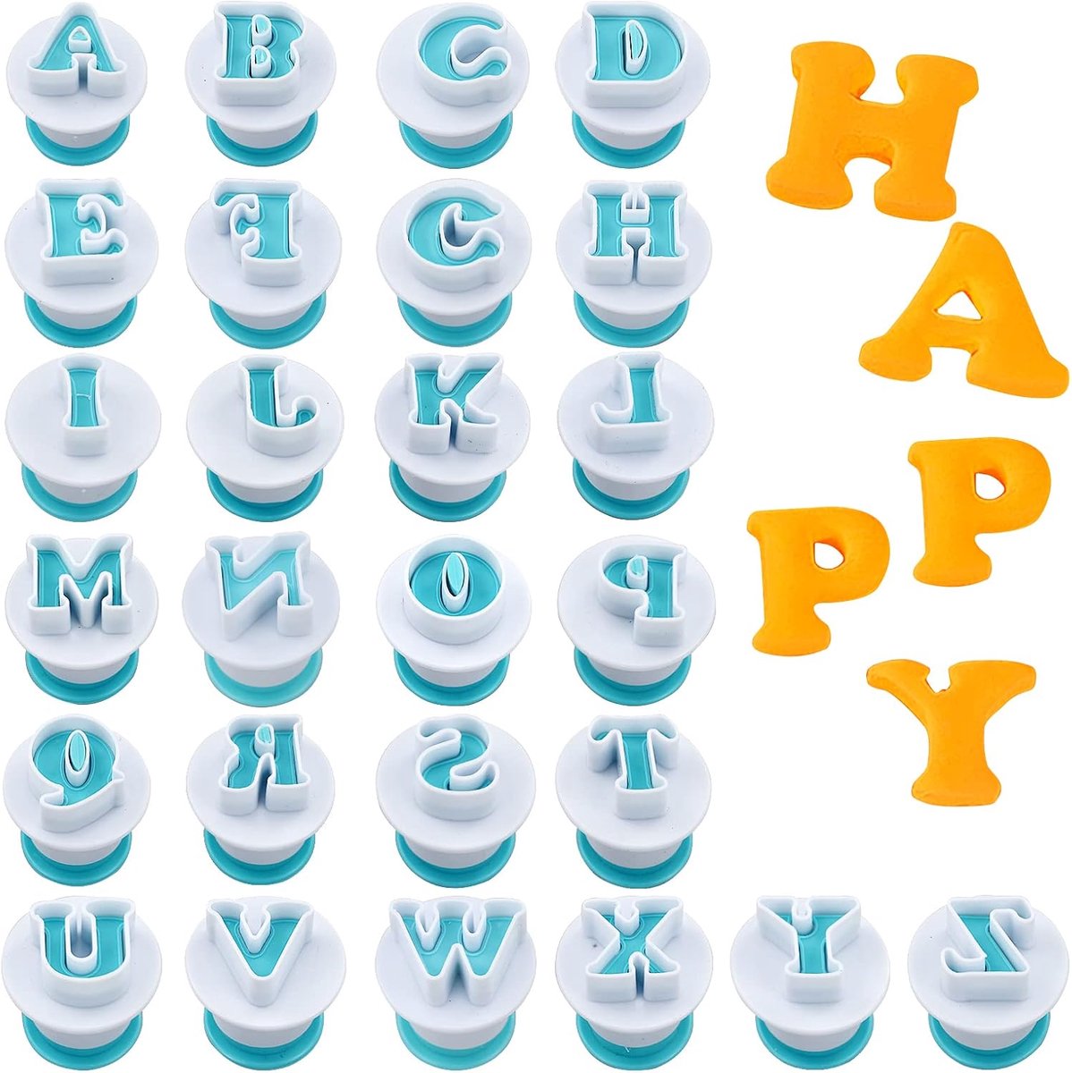 26 stuks alfabet-uitsteekvormpjes, glazuur, letteruitstekers, fondant, taartdecoratie, koekjes, reliëfvorm, bakvorm voor bruiloft, verjaardag, Kerstmis, babyshower, feest, taartdecoratie