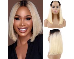 10 Inch Upart Bob Wig Human Hair Blonde, 1B/613 Ombre Bob Wigs None Lace for Women, Short Real Hair Wigs Black Roots to Bleach Blonde Bob Leave Out Natural