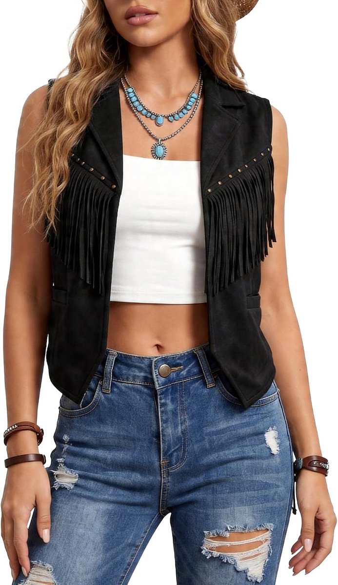 Damesvest met franjes, retro suède vest, jaren '70, hippie-look, kunstsuède, mouwloos, vintage, korte franjes, cowgirl-klinknagels, vest