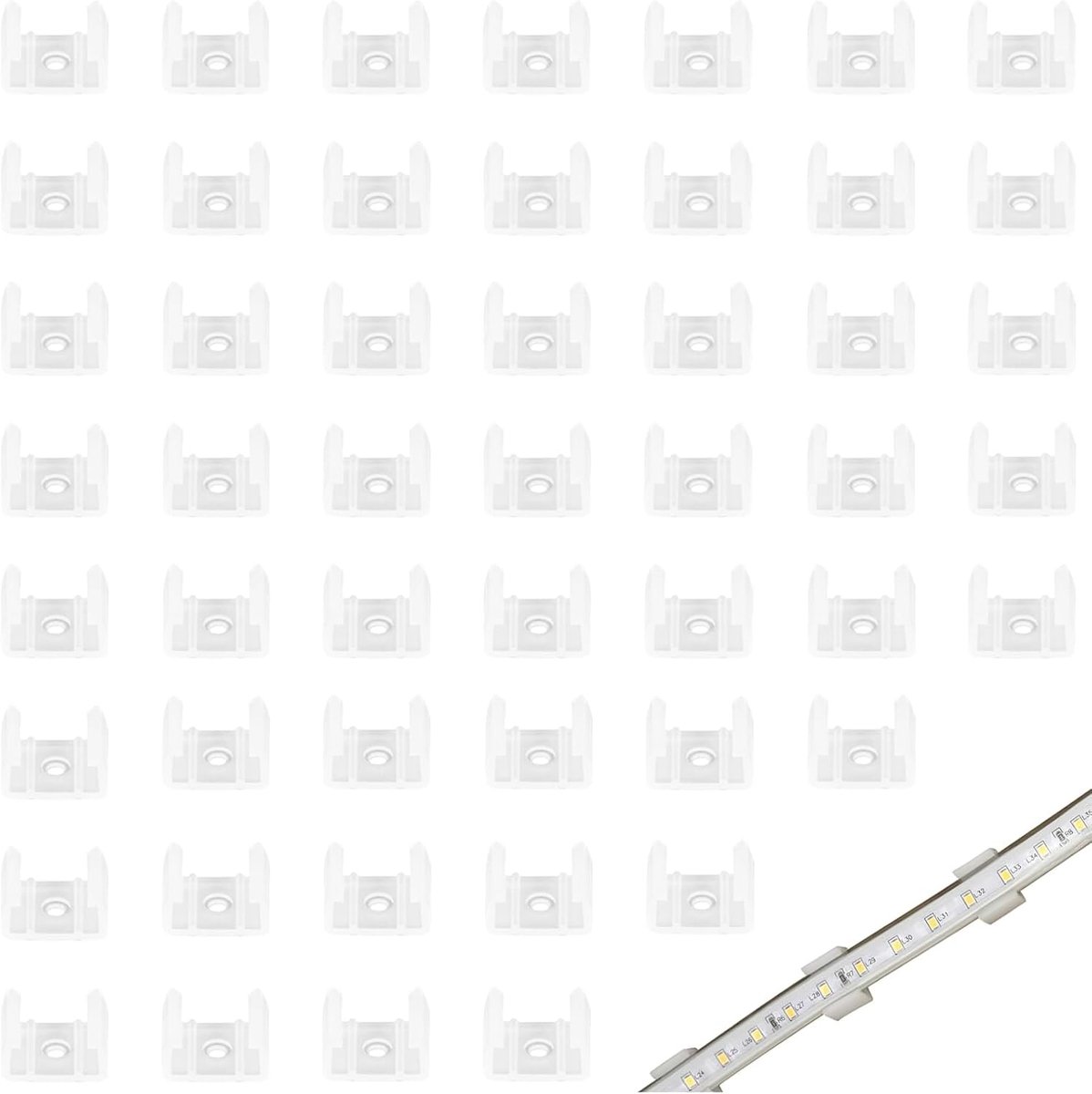 50 stuks led-neonmontageclips, bevestiging van ledstrip, neonmontage, montageclips voor neonlicht, inclusief schroeven voor 12 mm tot 14 mm, siliconen ledstrips, transparant, wit.