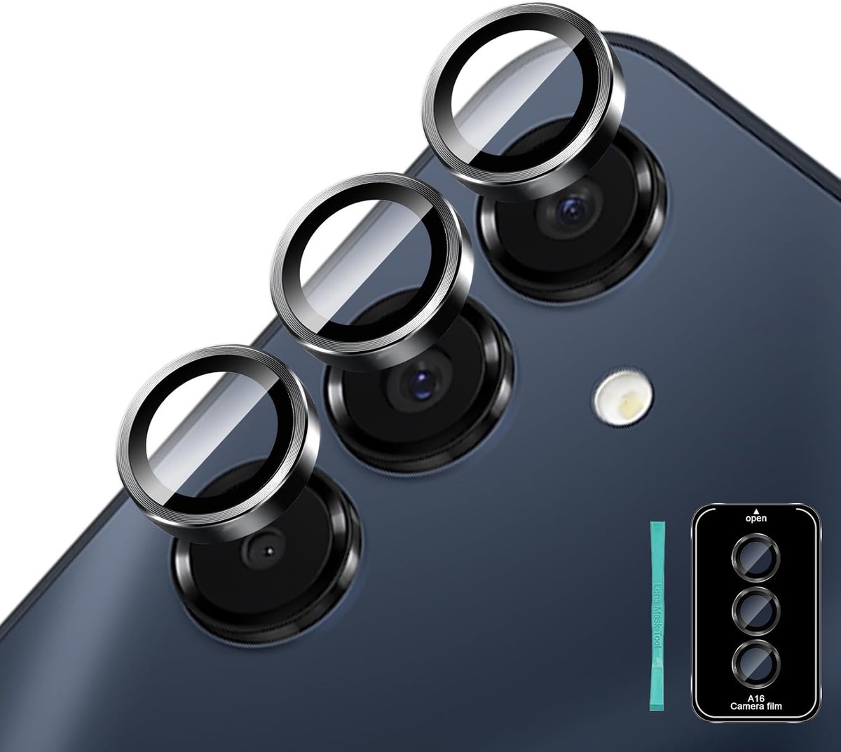 Camerafolie voor Samsung Galaxy A16 5G, anti-kras camera van gehard glas, lensbescherming, hardheid 9H, zonder luchtbellen, zwart