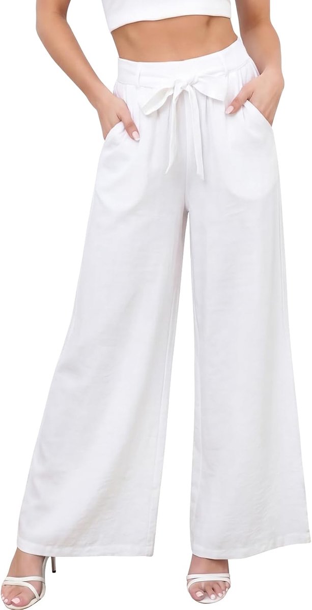 Vrouwen Broek Elastische Hoge Wasited Palazzo Broek met Zakken Dames Elegante Losse Lounge Zomer Casual