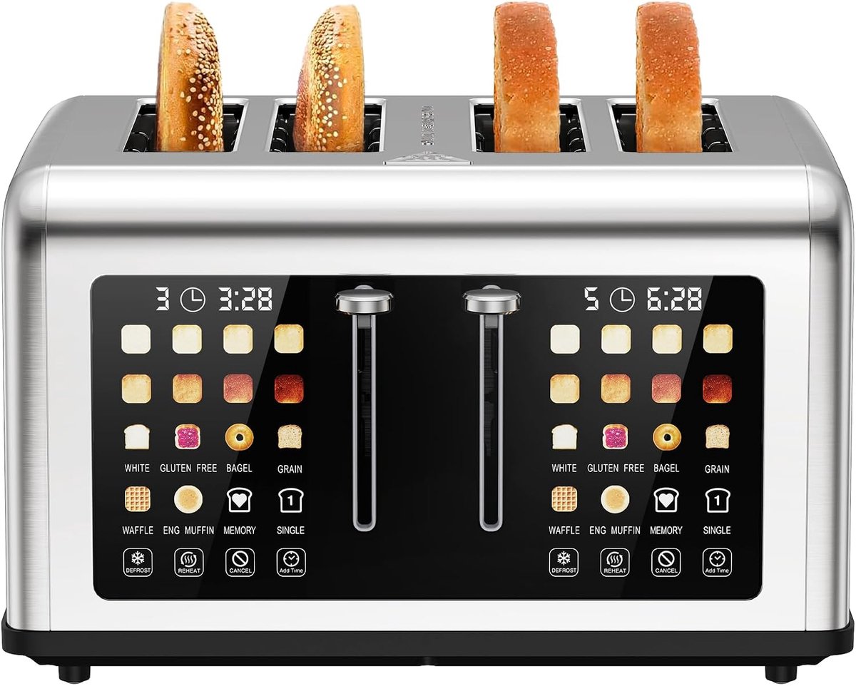 Broodrooster voor 4 sneetjes, 1760 W, met ontdooi- en opwarmfunctie, compacte broodrooster, 4 sneden voor knapperige toast, veelzijdige broodrooster met opzetstuk voor broodjes