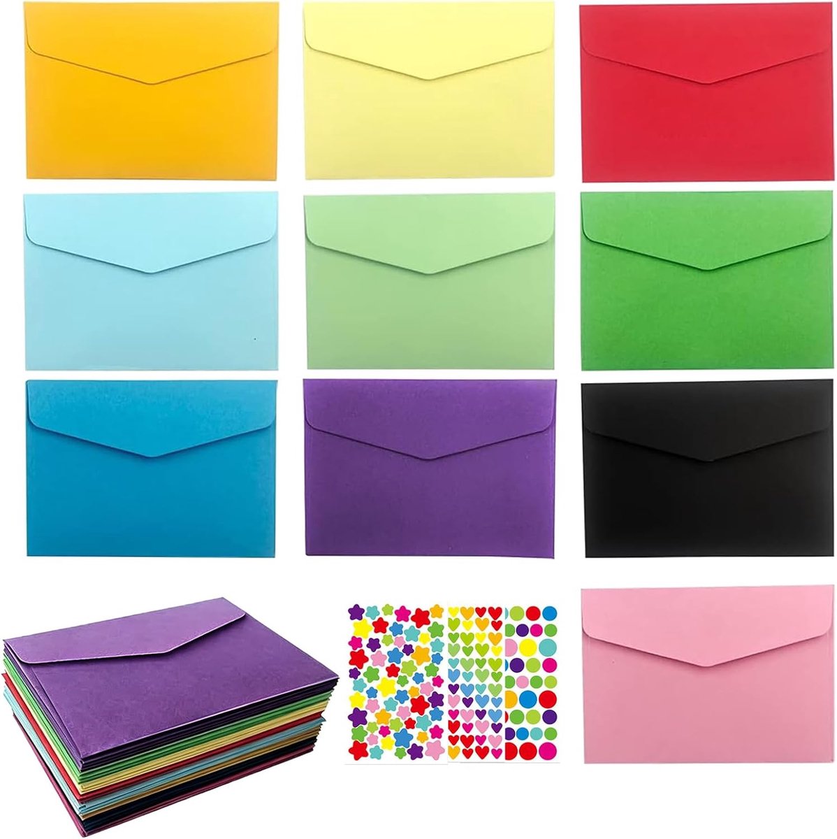 103 stuks, 10 kleuren, 100 mini-enveloppen met 3 kleurrijke stickers, C7-enveloppen, kleurrijke enveloppen voor bruiloft, verjaardag, feest, cadeaukaarten en wenskaarten (11,5 x 8 cm)
