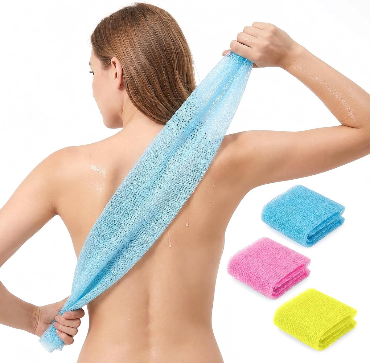 3-pack exfoliërende body scrubber handdoek, Japanse en Koreaanse stijl rugschrobber 90 x 35 cm nylon mesh washandje voor gladde huid (roze, hemelsblauw, geel)