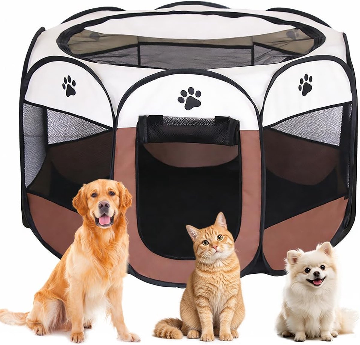 Hondenkooi voor woning, XXL dierenbox, puppyuitloop, buitenverblijf, kattenverblijf voor kleine dieren zoals honden en katten, koffiebruin + pootafdrukken)