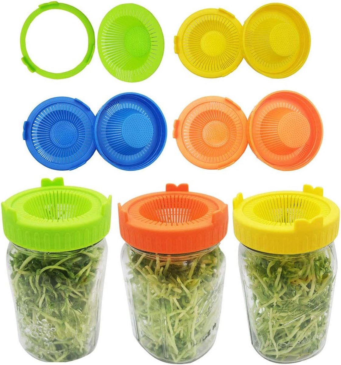 4 Stks Gemakkelijk Spoelen en Afvoer Plastic Kiemen Deksels voor Brede Mond Potten Kiemen Pot Zeef Deksel Brede Mond Mason Jar Sprout Kit Pak voor Groeien Taugé (YELLOW)